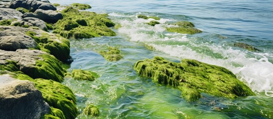 Sticker - A closeup of a lake with algaecovered rocks along the shoreline, showcasing the natural beauty of water and terrestrial plants in a fluvial landscape