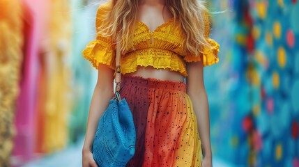 Vibrant Street Fashion: Colorful Ruffled Outfit and Blue Bag