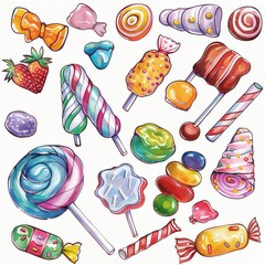 Wall Mural - A clipart illustration with various types of candies on a white background.