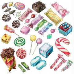 Wall Mural - A clipart illustration with various types of candies on a white background.