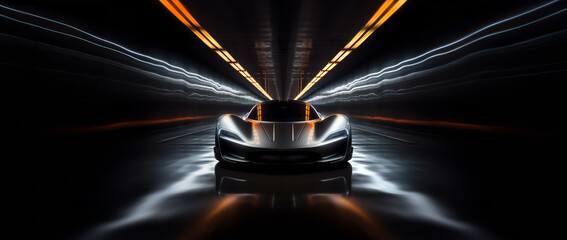 Poster - The concept of a futuristic sports car running in a tunnel with neon light strips. 3d illustration