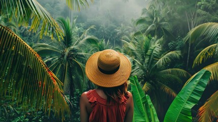 A woman stands with her back to the camera in a dense, lush rainforest. She's wearing a bright red, off-the-shoulder dress that contrasts with the greenery of the environment. The focal point is her s