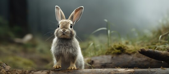 A grey young rabbit is standing on a log in the woods. The rabbit is alone and appears curious, looking around its surroundings.