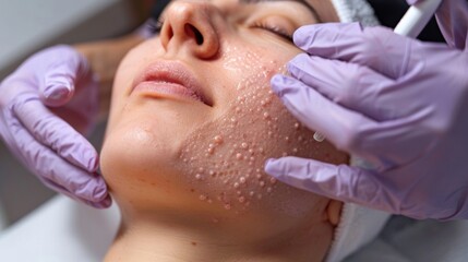 A patient undergoing a series of chemical peels to treat their acne scars. The peel helps to remove the damaged outer layers of skin revealing smoother and healthier skin