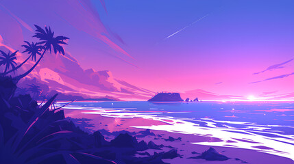 Wall Mural - Illustrated view of a beach with purple skies on a rocky island
