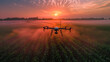 Agriculture drone fly to sprayed fertilizer on the sweet corn fields at sunset.