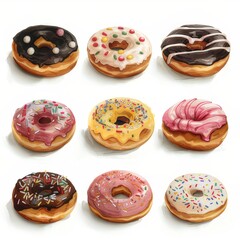 Wall Mural - Clipart illustration with various types of donuts on a white background.