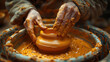 Close up hand of A man making vessel of white clay in fast moving circle. Sculpts in clay pot.