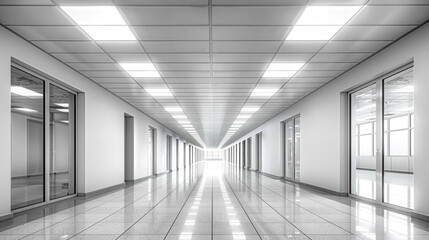 Interior modern building of Office ceiling in perspective with white texture of acoustic gypsum plasterboard, lighting fixtures or fluorescent panel light suspended on square grid structure.