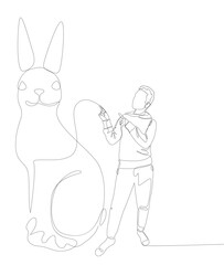 Poster - One continuous line of Man pointing with finger at Rabbit. Thin Line Illustration vector concept. Contour Drawing Creative ideas.