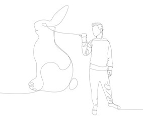 Poster - One continuous line of Man pointing with finger at Rabbit. Thin Line Illustration vector concept. Contour Drawing Creative ideas.