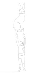 Poster - One continuous line of Man pointing with finger at Rabbit. Thin Line Illustration vector concept. Contour Drawing Creative ideas.