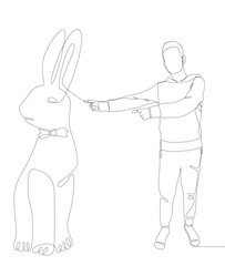 Poster - One continuous line of Man pointing with finger at Rabbit. Thin Line Illustration vector concept. Contour Drawing Creative ideas.