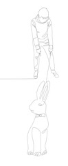 Poster - One continuous line of Man pointing with finger at Rabbit. Thin Line Illustration vector concept. Contour Drawing Creative ideas.