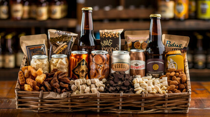 Wall Mural - A beautifully arranged gift basket filled with artisanal snacks locally made craft beers and other treats. This perfect combination of indulgences is a great way to spoil