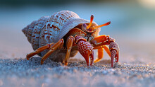 A Small Crab With A Shell As A House On Its Back By The Sea