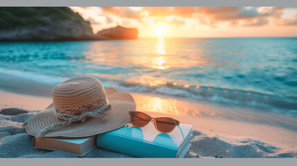 Wall Mural - Two books, a straw hat, sunglasses on the beach. The sun is setting in the background.