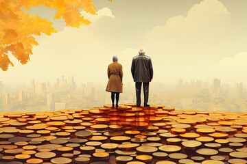 Poster - Elderly Couple Standing on Top of a Pile of Coins Generative AI