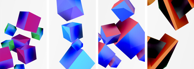 Poster - Flying 3d shapes, cubes and other geometric elements background design for wallpaper, business card, cover, poster, banner, brochure, header, website