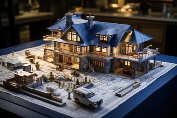 Poster - Model House Blueprint on Table Generative AI