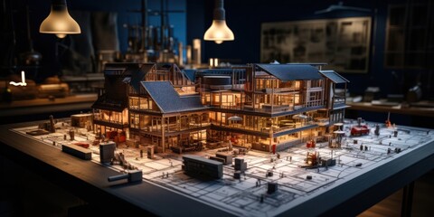 Poster - Detailed Model of Large Building on Table Generative AI