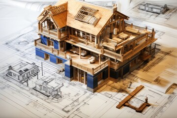 Poster - Wooden House Model Placed on Top of Blueprints Generative AI