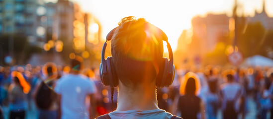 Canvas Print - young people listening music with headphone in crowded people