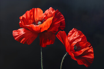 Artistic oil painting: 2 bright red poppy flowers on solid black background, high contrast, central composition.





