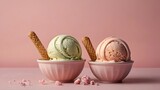 diffrent flawer ice-cream scopes in bowl isolated on light pink background