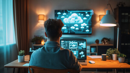 A man or programmer in a home office uses a computer laptop, looking at his laptop screen which shows a detailed cloud computing network diagram.