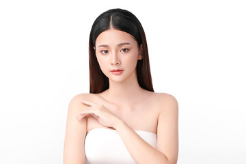 Wall Mural - Beautiful young asian woman with clean fresh skin on white background, Face care, Facial treatment, Cosmetology, beauty and spa, Asian women portrait.