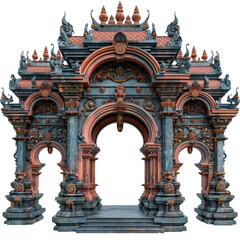 temple gate isolated on transparent background, element remove background, element for design - An ornate gateway with a large arch in the center flanked by two smaller arches.