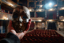 A Person In An Old, Empty Theater, Holding A Faded Stage Mask, With Intricate Stage Lighting Casting Dramatic Shadows
