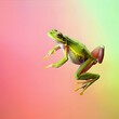 Colorful exotic frog leaping on a pastel gradient backdrop, symbolizing the unique occurrence of February 29th Leap Year Day.