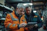 Fototapeta Londyn - male Mechanic Checks Diagnostics Results on a Tablet Computer and Explains a Vehicle Breakdown to a Manager. Car Service Employees Talk while Walking in a Garage. Modern Clean Workshop