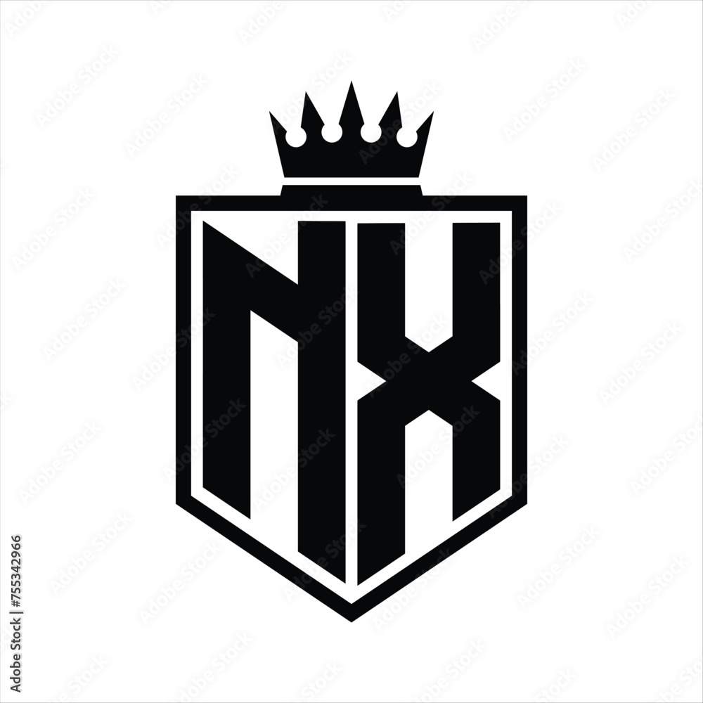 NX Logo monogram bold shield geometric shape with crown outline black ...