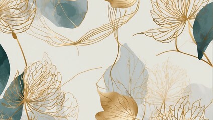 Luxury minimal style wallpaper with golden line art flower and botanical leaves. soft tone background