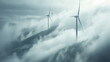 Wind turbines rise through the clouds or thick fog