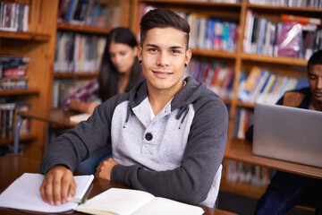 Poster - Young man, portrait or studying in library for test or scholarship on campus for class assignment. University student, face or happy for education or research in books for exam preparation by desk