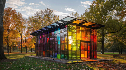 Wall Mural - In a park a smart glass pavilion incorporates solar panels into its design providing a sustainable energy source while also creating an aweinspiring display of color and light.