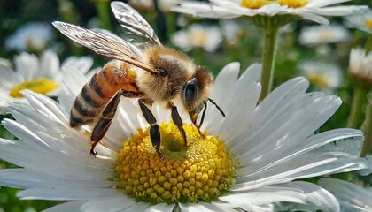 Wall Mural - Macro Magic: Honey Bee in Super Slow Motion Collecting Nectar from Daisy Flowers