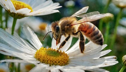 Wall Mural - Macro Magic: Honey Bee in Super Slow Motion Collecting Nectar from Daisy Flowers