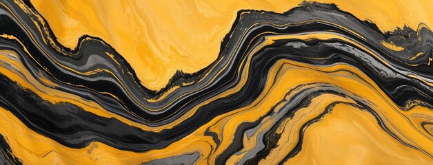 Wall Mural - Abstract Black and Yellow Marble Wave Design