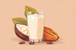 A refreshing glass of cacao water with a split cacao pod and beans.