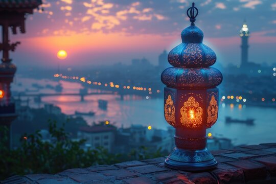 Muslim Holy Month Ramadan Kareem - Hias Arab Lantern Dengan Burning Candle Glowing At Evening