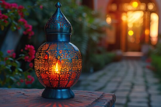 Muslim Holy Month Ramadan Kareem - Hias Arab Lantern Dengan Burning Candle Glowing At Evening