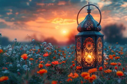 Muslim Holy Month Ramadan Kareem - Hias Arab Lantern Dengan Burning Candle Glowing At Evening