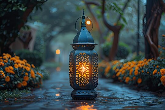 Muslim Holy Month Ramadan Kareem - Hias Arab Lantern Dengan Burning Candle Glowing At Evening