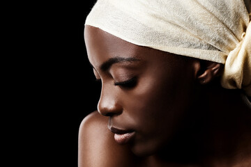 Wall Mural - Beauty, relax and black woman in studio with headscarf, natural makeup or creative aesthetic. Art, skincare and African girl on dark background with head wrap, facial cosmetics and culture in profile