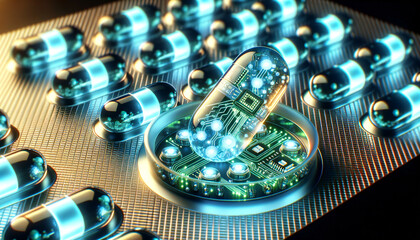 Close-up glowing pills with electronic circuits in blister packaging showcase innovation in nanotechnology, microbiology, and biotechnology.